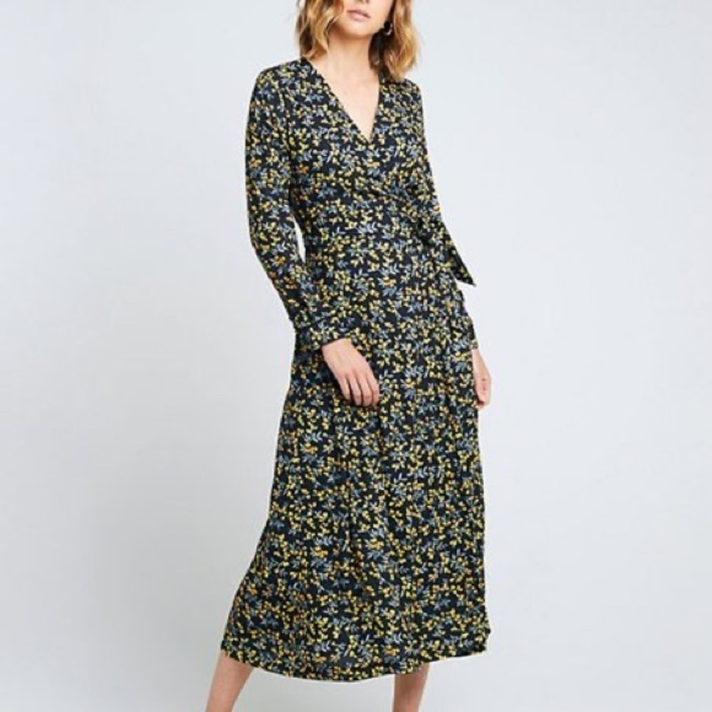 Caara | Cristal Wrap Midi Dress Yellow Floral